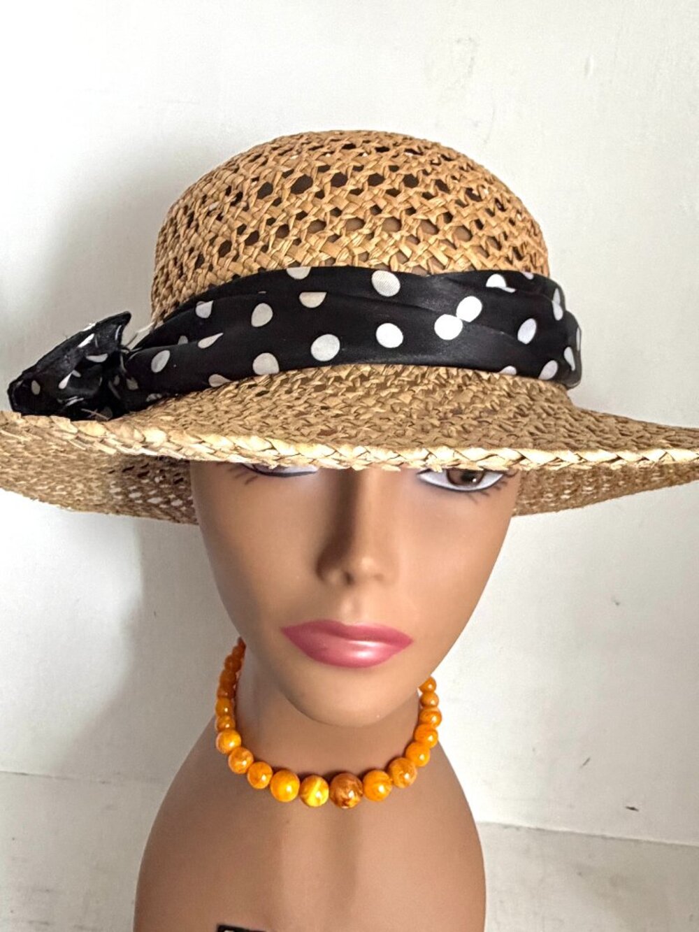 Vintage Natural Straw Sun Hat Woven Wide Brim Polka Dot Satin Scarf Band Garden